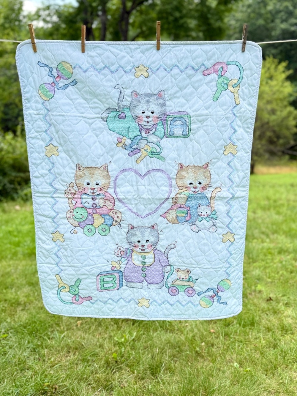 New 1990s Finished Baby Blanket Cross Stitch Kittens Cats Quilted Green Lining